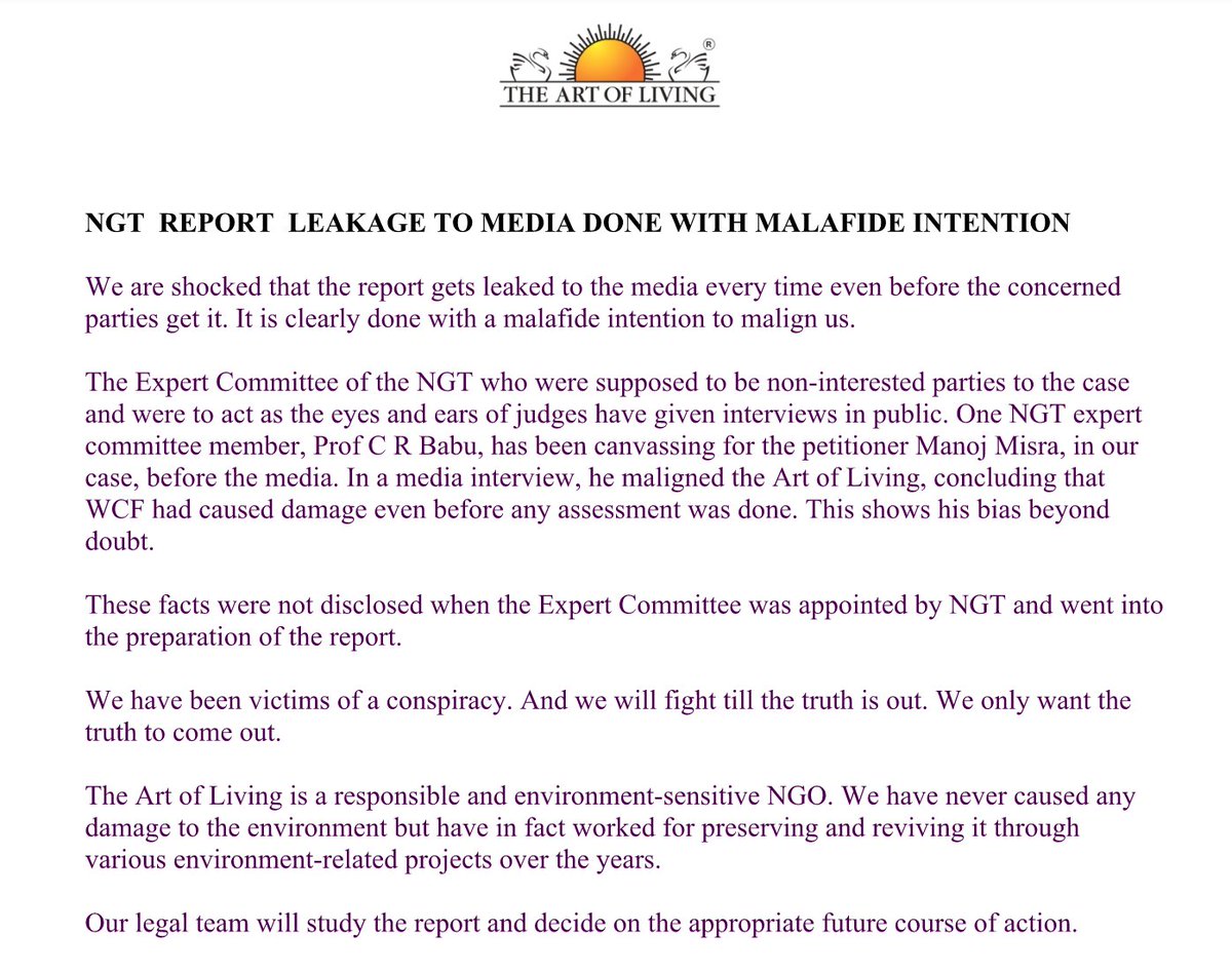 ArtofLiving's tweet photo. .@ArtofLiving is a responsible and environment-sensitive NGO. We have been victims of a conspiracy. And we will fight till the truth is out. https://t.co/qiIncGKAes