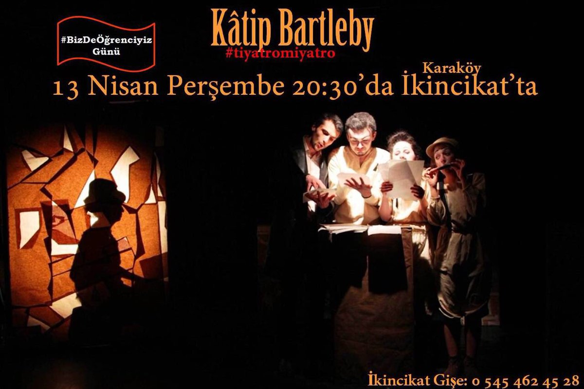 Bir Wall St. hikayesi #KâtipBartleby ile 13 Nisan Perşembe 20:30'da #BizDeÖğrenciyiz gününde @ikincikattayiz . Bekleriz!🎩<a href="/tiyatrodunyasi/">Tiyatro Dünyası</a>