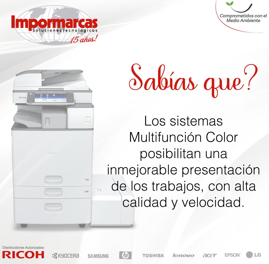 impormarcasSAS's tweet photo. Los #sistemas #Multifunción Color posibilitan una inmejorable #presentación de los trabajos, con alta #calidad y #velocidad. https://t.co/deBDyuclsD