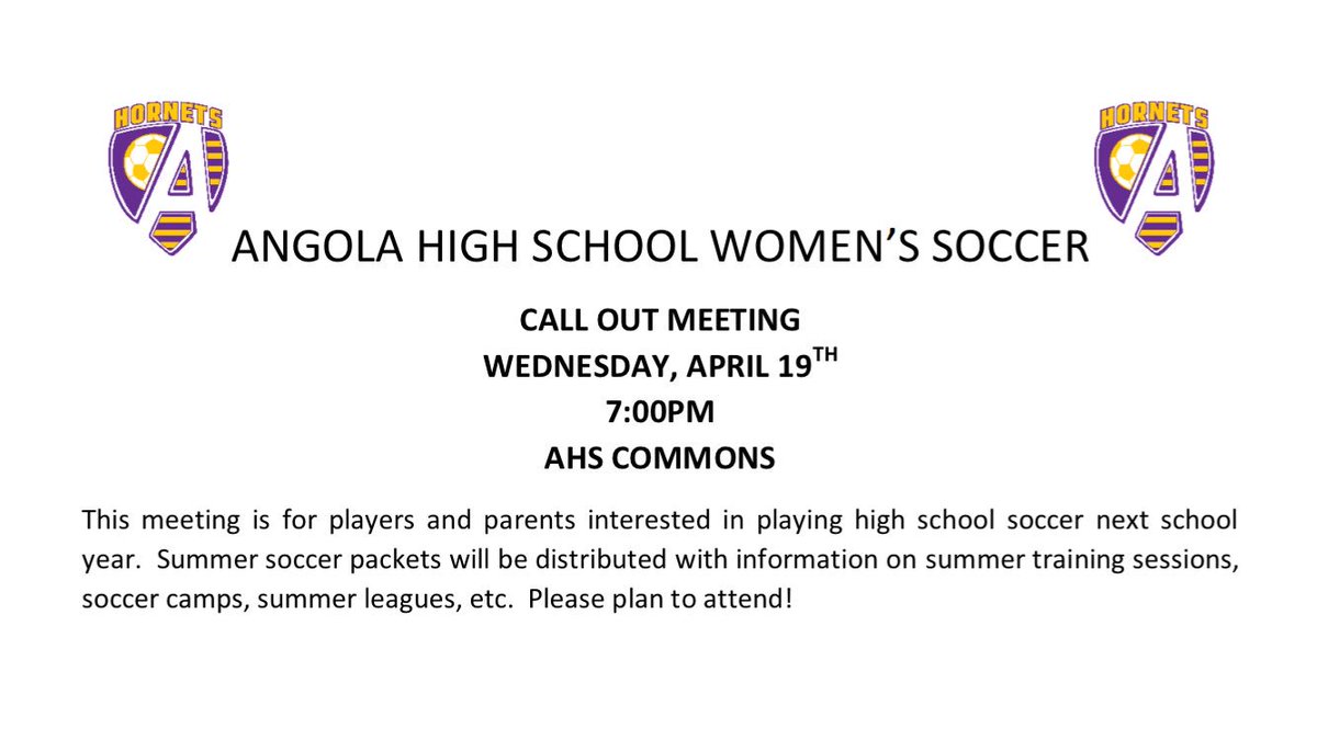 HornetSoccer's tweet photo. ‼️Spring call out mtg for 2017 High School Women's Soccer!  Wednesday 4/19 @ 7pm in AHS Commons. ‼️ https://t.co/N0mPsFNmMT