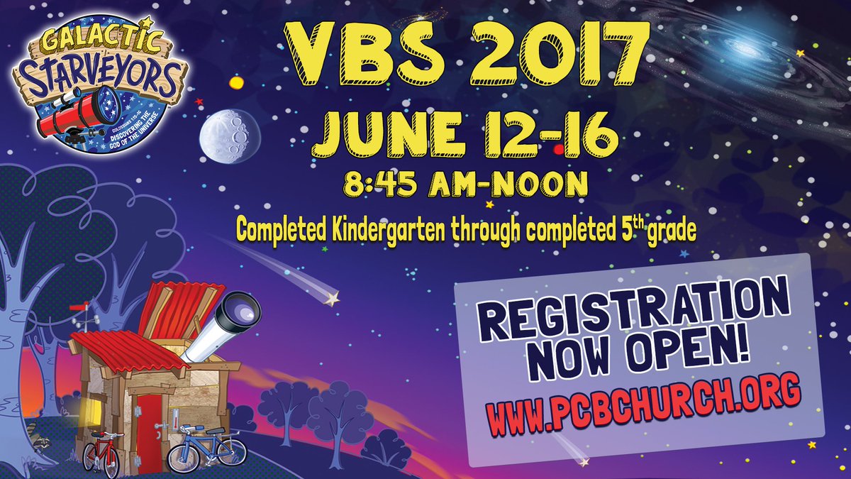 PCBKids's tweet photo. We're getting closer! VBS is exactly TWO MONTHS from today. Are you registered yet?! #pcbkids #vbs2017 #galacticstarveyors https://t.co/bzdVPtkxWh