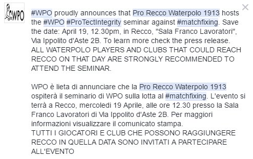 WPOofficial's tweet photo. WPO announces seminar against #matchfixing, hosted by @prorecco on April 19, 12.30pm in #recco. For the details: https://t.co/cupQOlfmMH https://t.co/sawNgRBx1g