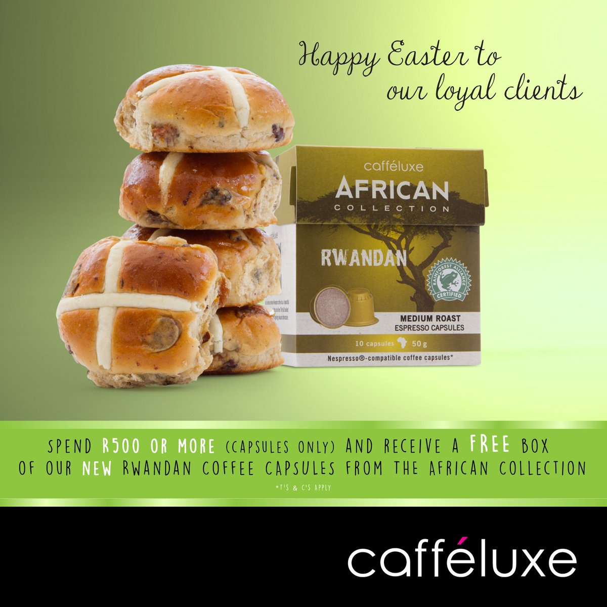 The Hunt Is Over..recieve a FREE box of Rwandan Coffee Capsules if you spend R500 or more on capsules @ caffeluxe.com  #Easter2017