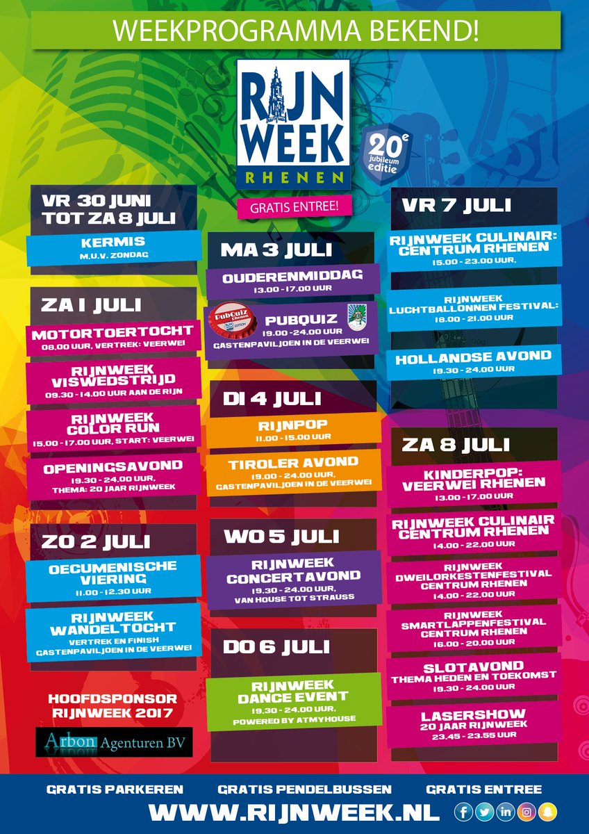 Rijnweek's tweet photo. Programma #Rijnweek 2017! Ter ere van de 20ste editie hebben wij een extra mooi programma voor jullie gemaakt.#rhenen #20jaarrijnweek https://t.co/X1kZpH1cBo