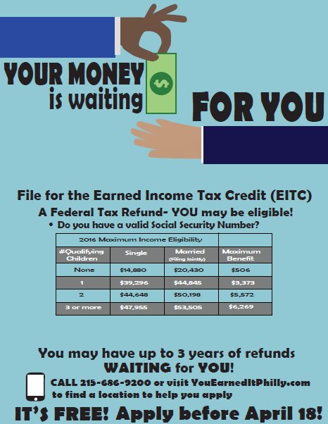 UESFassistance's tweet image. YOU could get up to $6,269 in tax refunds! There are 6 DAYS left to file! Go to YouEarnedItPhilly.com to find a FREE tax site!!!