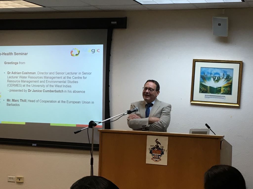 tiwobanda's tweet photo. Marc Thill, Head of Cooperation, EU Delegation in Barbados: Welcome remarks + H2020 brief. #CaribbeanMAGIC UWI Cave Hill @MAGIC_our_voice https://t.co/UBK2mGwdZE