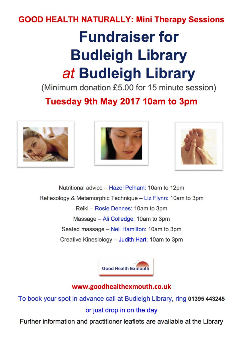 Treat yourself to a mini therapy session and raise funds for @BudleighLibrary . I'll be there giving #nutrition advise from 10am till 12.