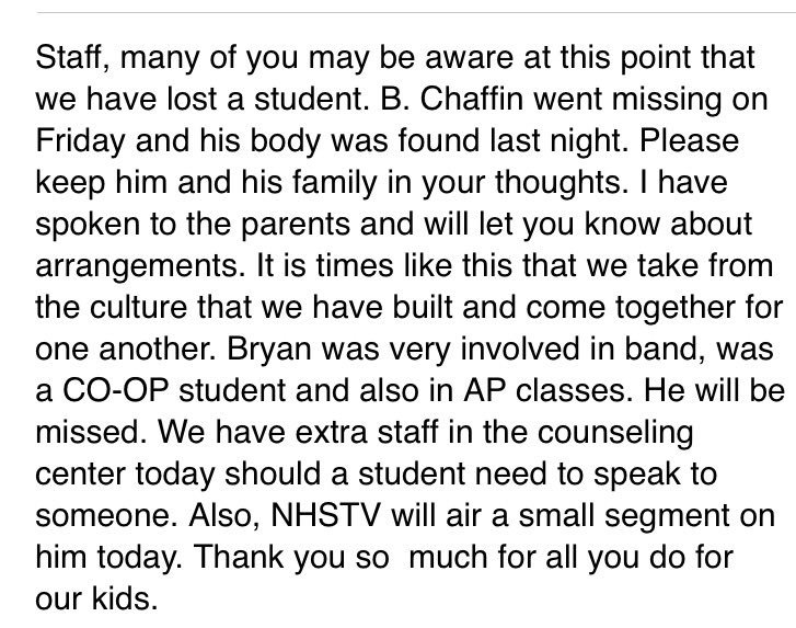NHSTexans's tweet photo. Our community will continue to support the Chaffin family &amp; friends of Bryan as they cope with their loss.  Message from Mr. Childress: https://t.co/9p9MWaEwVk