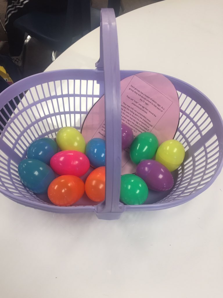AGrubisich's tweet photo. Eggs and preposition... Let's make these tricky phrases concrete. Easter Bunny Training Center. @KA_Knights https://t.co/0ZxAqDbEzT