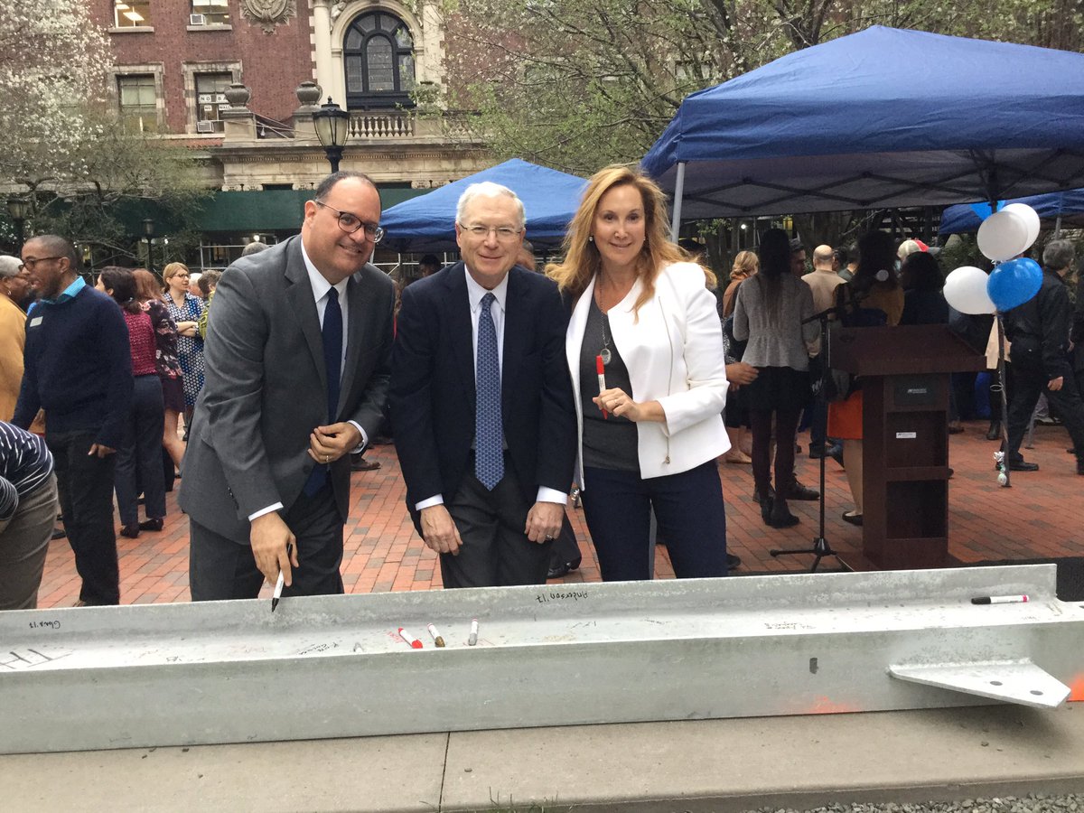 MillieBuilds's tweet photo. Board Vice Chair Cheryl Milstein '82, her husband Philip, and Interim President Goldberg sign the "topping off" beam for The Milstein Center https://t.co/DOrox7Rj0i