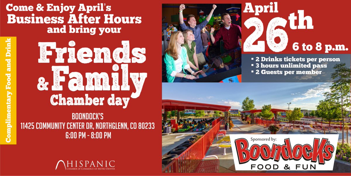 HispanicDenver's tweet image. Hispanic Chamber Family Night at @BoondocksFunCtr 
RSVP: eventbrite.com/myevent?eid=33…