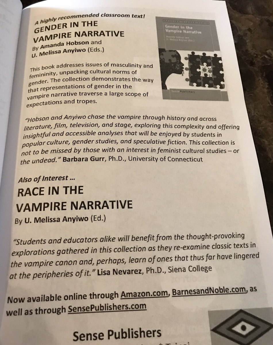 amandajohobson's tweet image. As seen in the #pcaaca17 program overview, our book, Gender in the Vampire Narrative, is available from @SensePublishers so check it out