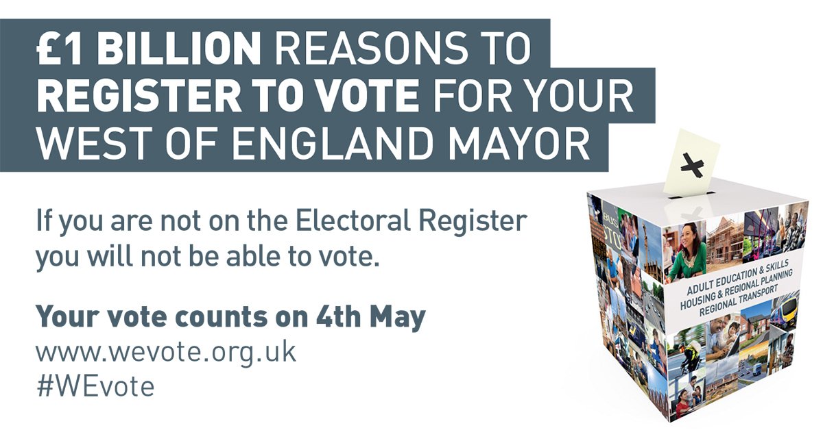 Time is running out! The deadline to register to vote in the #WestofEngland Mayoral election is midnight tomorrow gov.uk/register-to-vo…