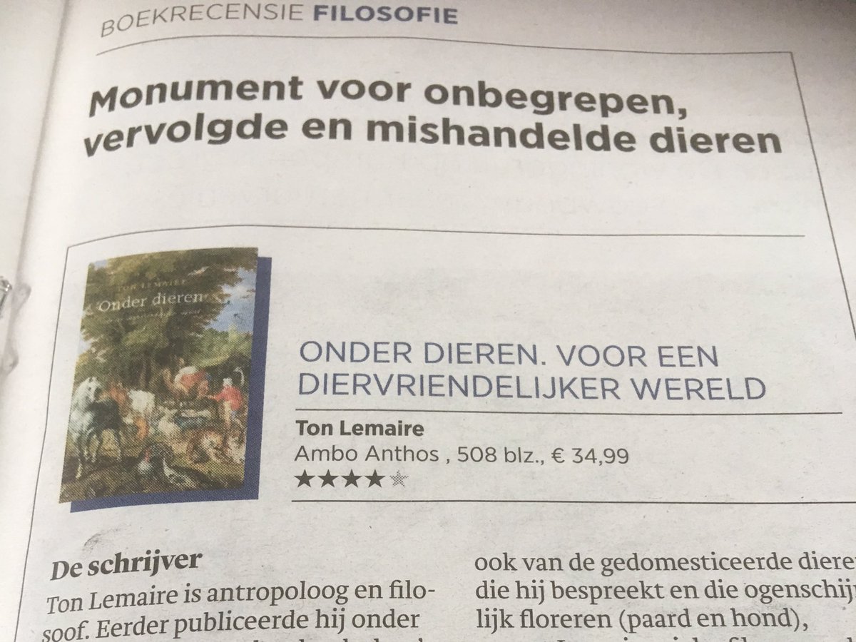 AnkeOlthoff's tweet photo. @vandijkmarc: 'wij zouden ons humanisme en onze compassie moeten uitbreiden naar alle levende soorten' Mooie recensie nieuw boek #TonLemaire https://t.co/bMiNWNjGsL