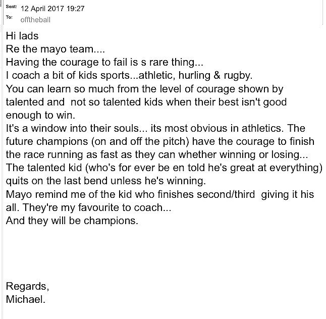 Titled: The Courage to Fail.

A brilliant email into #OTB tonight from Michael, applies to many teams in sport and many other walks of life.
