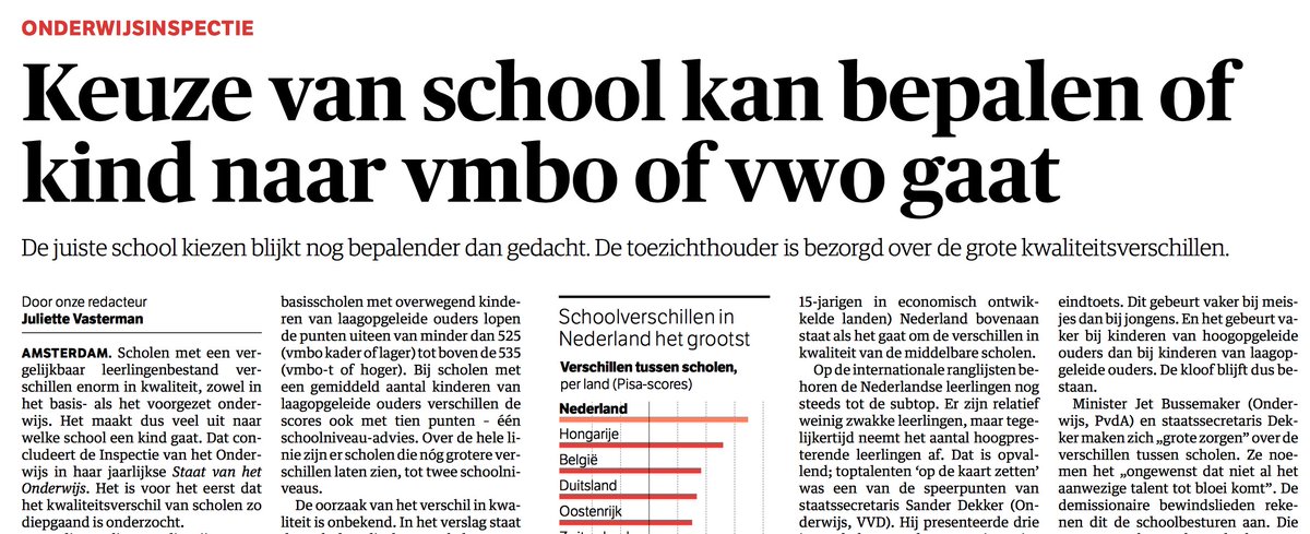 JelleJolles's tweet image. Er zijn grote schoolverschillen. Keuze van school kan bepalen of kind naar vmbo of vwo gaat (NRC, Parool 12/4).