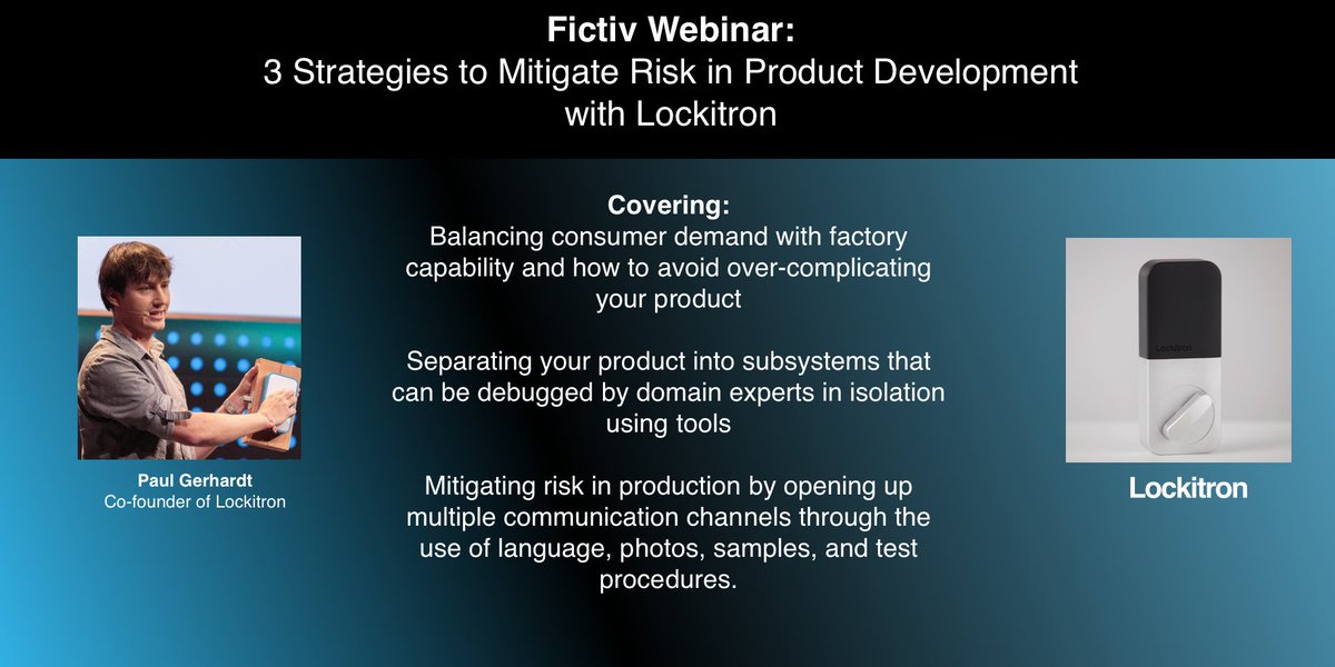 In 2 hours we'll be chatting with <a href="/pmg/">Paul M Gerhardt</a> about <a href="/lockitron/">Lockitron</a>, DFM hell &amp; mitigating risk! Register for the webinar here: info.fictiv.com/3-strategies-t…