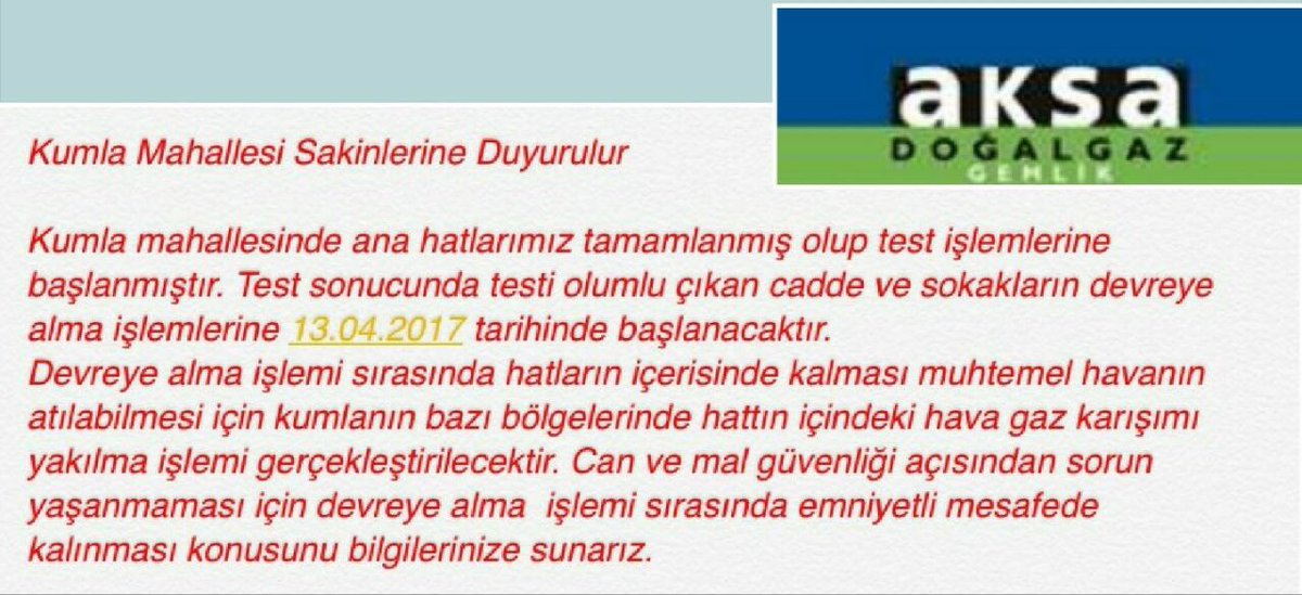 Aksa Gemlik Doğal Gaz' dan Kumla Mahallesi Sakinlerine Duyuru.
