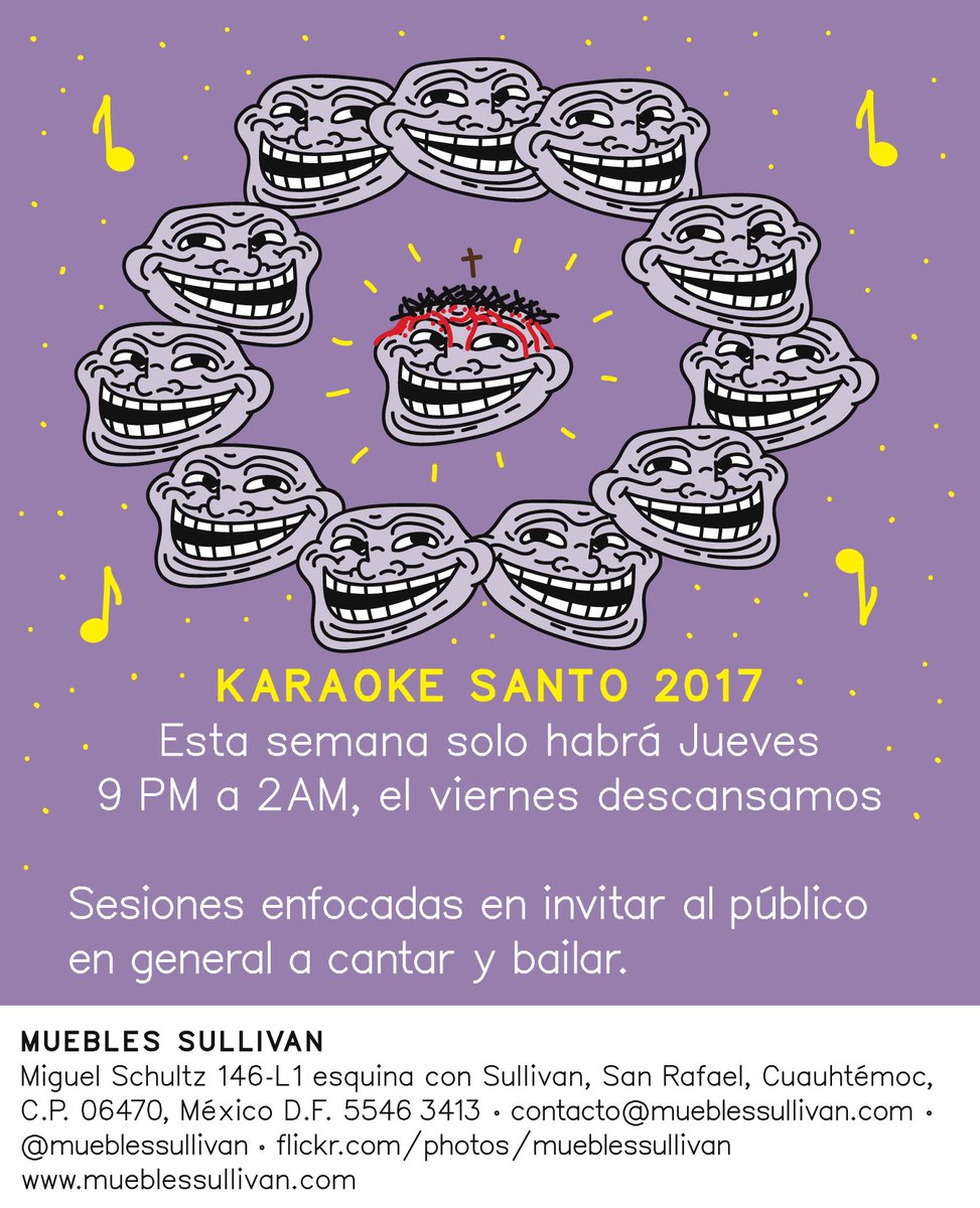 mueblessullivan's tweet photo. AVISO SANTO: Esta semana el karaoke será SOLO el jueves. El viernes descansaremos. Nos vemos JUEVES de 9 a 2. https://t.co/PHhmbSdsRl