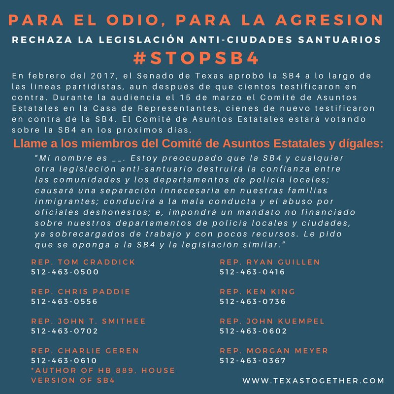 FIELHouston's tweet photo. @MALCTx Se espera que vote en el comite de asuntos del estado hoy en #SB4 pedimos que llamen a sus representantes #txlege https://t.co/du39PEG8gg