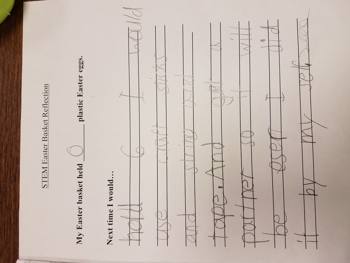 KC1stJungle's tweet photo. Student reflections on how they would.chsnge their Easter basket design to hold 6 plastic eggs. #KatEdChat https://t.co/QZ8vvBhEoQ