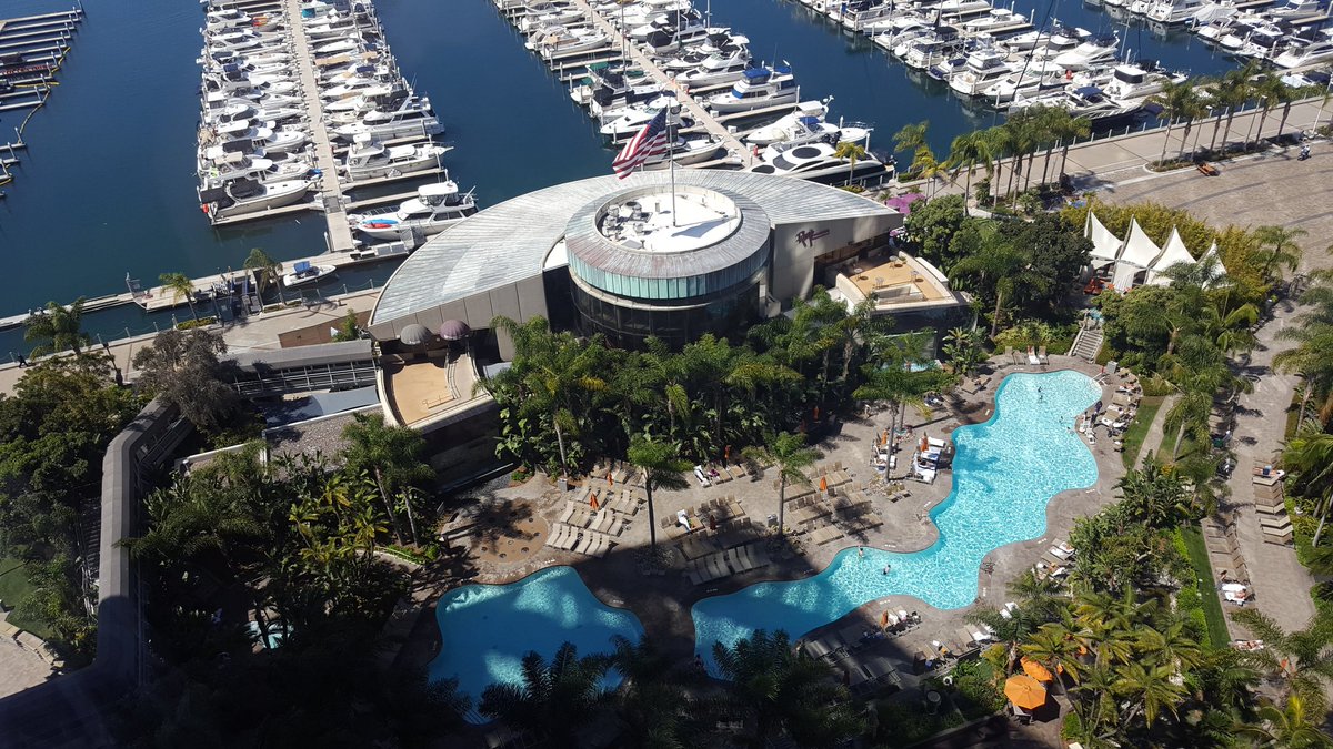 Unhealthyoffice's tweet image. View of pool/marina Marriott,  palm trees judiciously placed to hide homeless.  Time to check in #pcaaca17