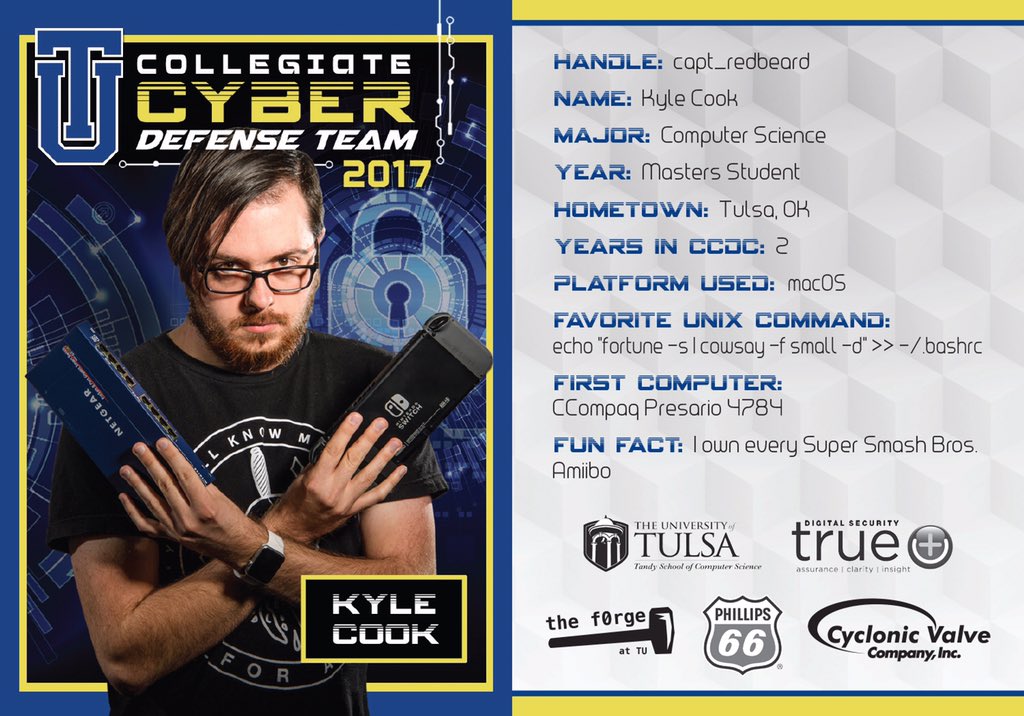 JohnCHale1968's tweet image. @utulsa #NCCDC team co-captain Kyle Cook's inkjet printer runs on cartridges filled with the blood and tears of vanquished hackers.