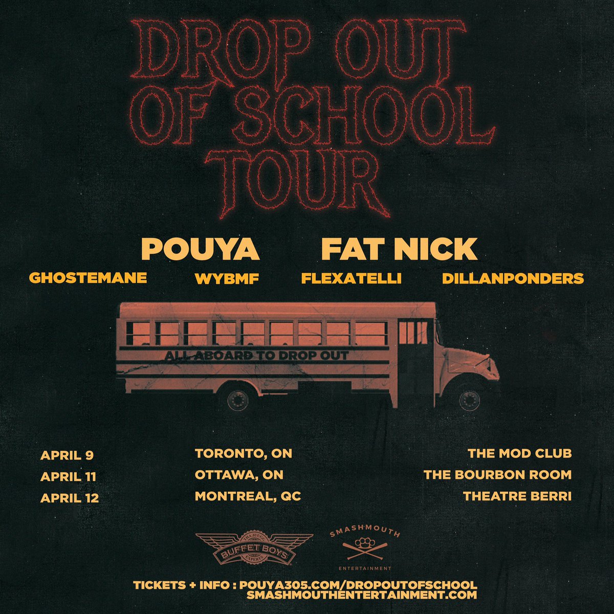 SmashMouthEnt's tweet photo. ATTN: Canada! The #DROPOUTOFSCHOOL Tour continues TONIGHT in Montreal at @OlympiaMontreal **New Venue** // 16+ // $25.00 // 8:00PM 🇨🇦🔥🚌 https://t.co/XNzYoCR7By