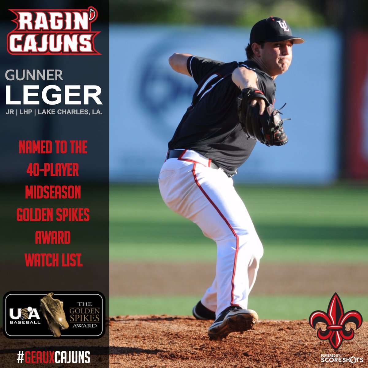 Congrats to Gunner Leger on being named to the <a href="/USABaseball/">USA Baseball</a> 40-player midseason <a href="/USAGoldenSpikes/">Golden Spikes Award</a> Award watch list . #GeauxCajuns