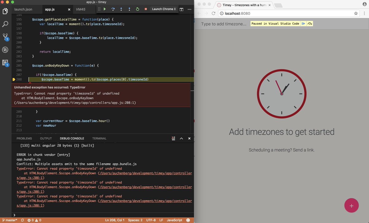 auchenberg's tweet image. Did you know @code now shows your exceptions inline next to the code where the error happened? This is when debugging Chrome.
