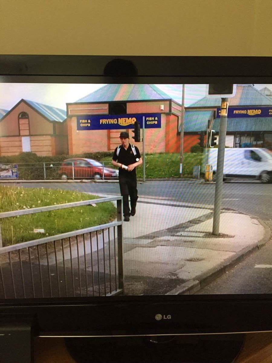 FryingN's tweet photo. @peterkay_co_uk love the fact that's my shop sign albeit not building. If your ever over the boarder please call for fish and nerks. https://t.co/zKATNQil4D