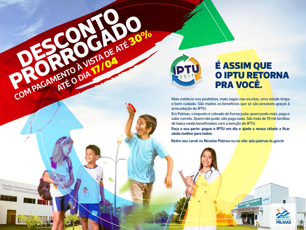 Foi prorrogado para 17 de abril o prazo para pagamento do IPTU à vista ou da 1ª parcela com desconto de até 30%. 
➡️ iptu.palmas.to.gov.br