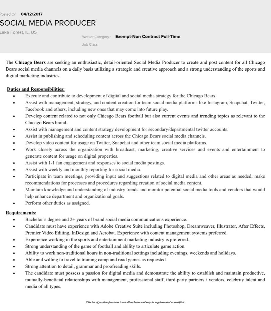chicagobears are hiring a social media producer pretty sweet job plus you get to work with me details httpstco9lopgkii3a - Duties Of A Producer chicagobears are hiring a social media producer pretty sweet job plus you get to work with me details httpstco9lopgkii3a - Duties Of A Producer