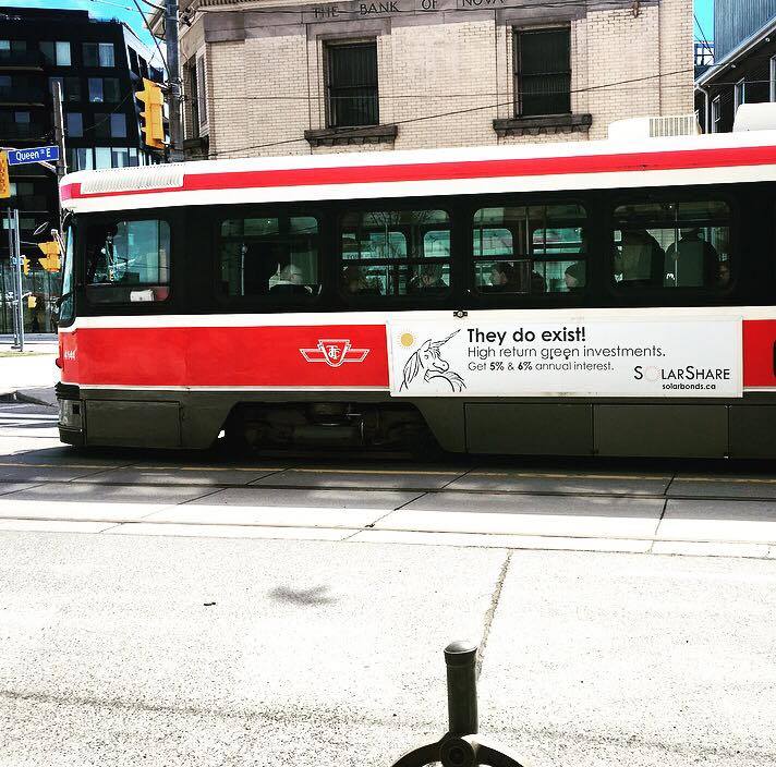 RampAgencyTO's tweet photo. Look at what just rolled by our office, the TTC ad we designed for #client @SolarShare #SolarBonds #RenewableEnergy #CreativeAgency https://t.co/CCNrjMH2gq