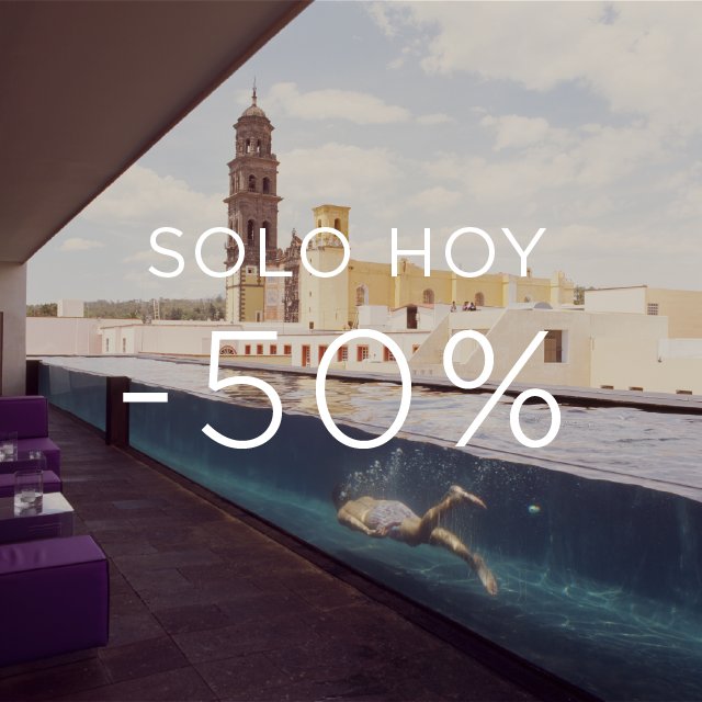 Te gustaría estar aquí?
Solo HOY todos* nuestros hoteles con hasta un -50% #LuckyDay
Llama al 01 800 400 8484 *Sujeto a disponibilidad