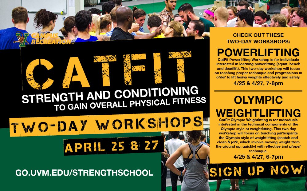 UVMCampusRec's tweet photo. Sign up now for April 25th & 27th CATFIT strength & conditioning workshops! #CatFit Sign up at https://t.co/sMNzzFWmr8 https://t.co/cZEFbBSmh0
