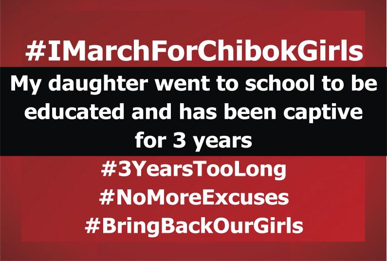 #IMarchForChibokGirls
My daughter went to sch to be educated &amp; has been captive for 3yrs
#3YearsTooLong
#NoMoreExcuses
#BringBackOurGirlsNOW