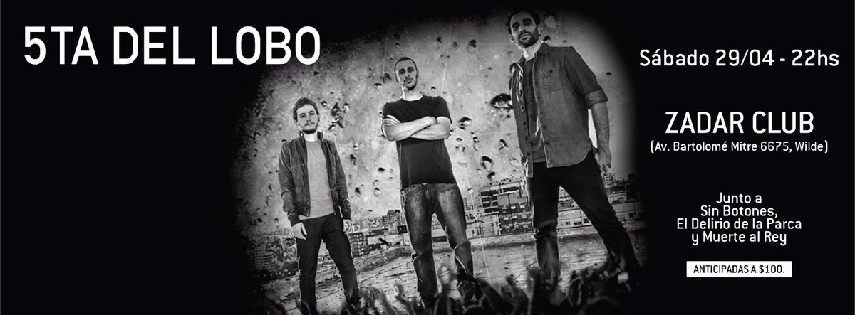 Sábado 29/4 - 22 HS
<a href="/5tadelLoboRock/">5ta del Lobo</a>, <a href="/eddlp_oficial/">El Delirio de la Parca</a>, <a href="/sinbotonesrock/">Sin Botones Oficial</a> y <a href="/MuertealreyRock/">Muerte al Rey Rock</a> en Zadar. Ant + Micro $180 #Miercoles5DL #5DLenWilde