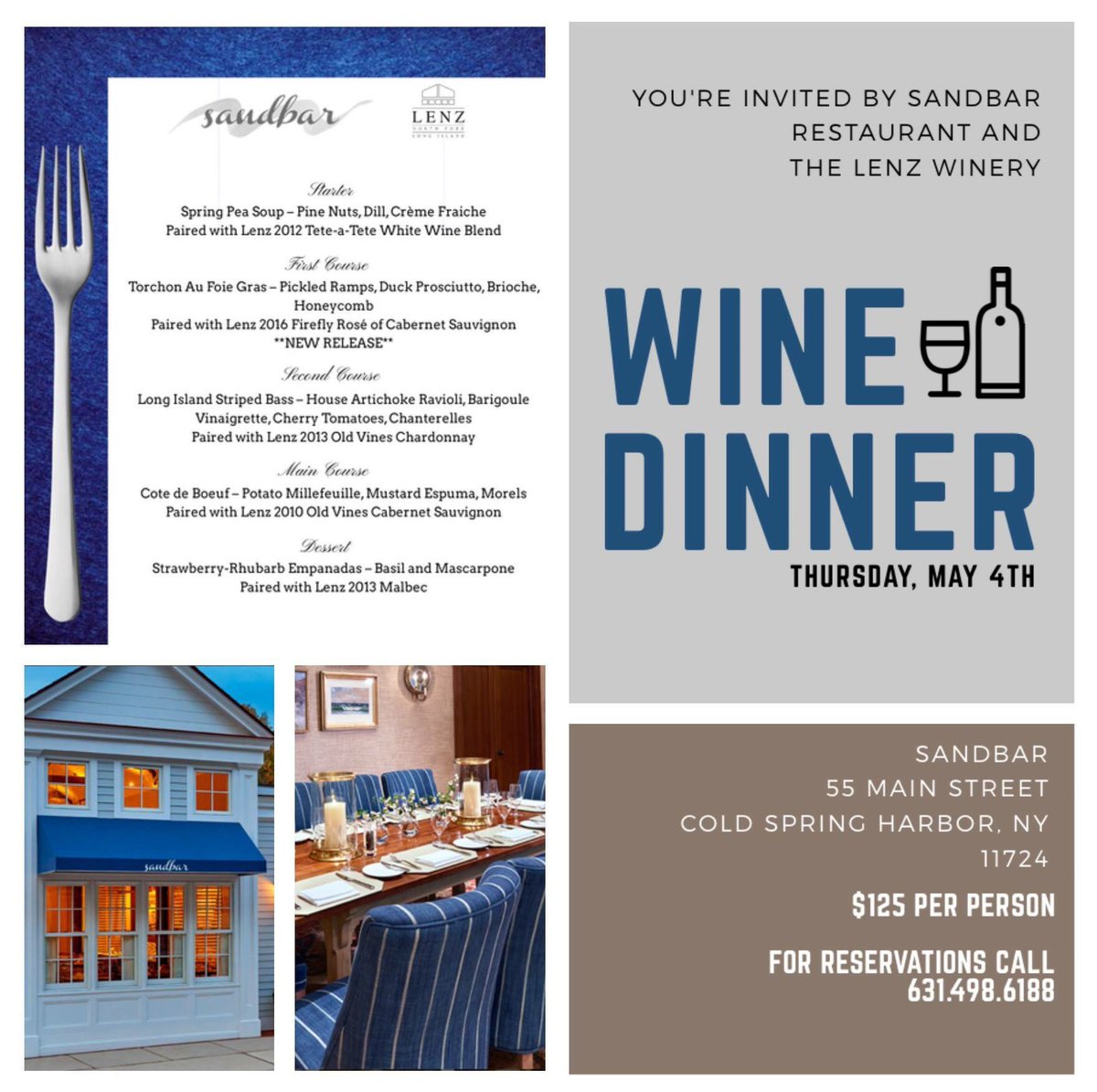 Lenz Wine Dinner Series continue at Sandbar! $125 pp. reservations:
631.498.6188
Sandbar, 55 Main Street
Cold Spring Harbor, NY 11724