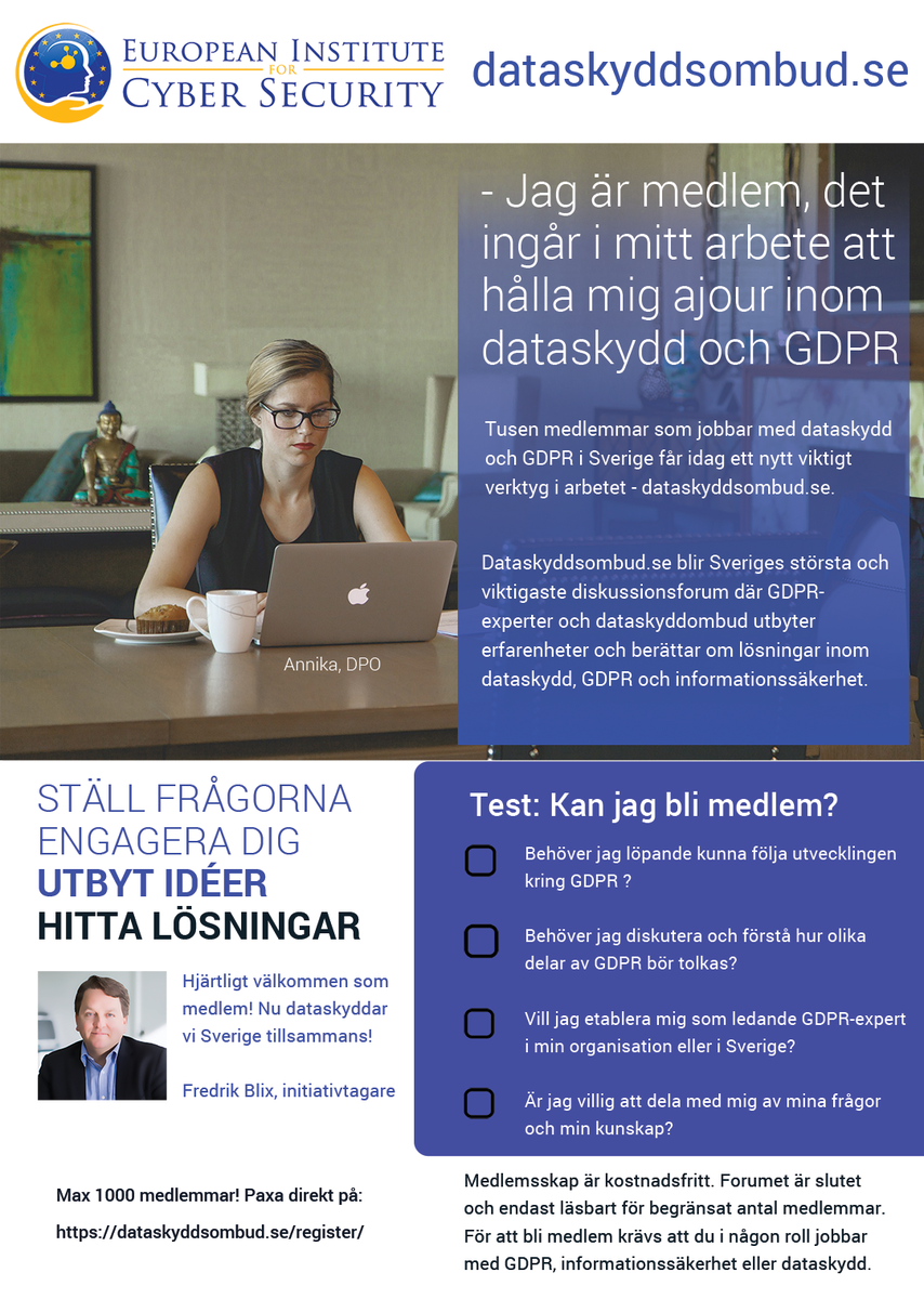 Nu lanserar vi Sveriges viktigaste diskussionsforum för oss som jobbar med dataskydd, infosäk, dataskyddsombud.se  #GDPR #Dataskydd