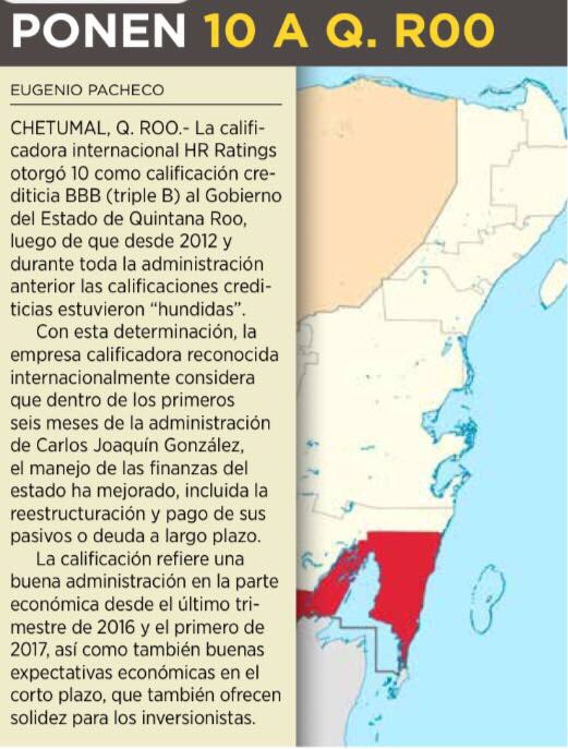 CarlosJoaquin's tweet photo. El manejo transparente, honesto y eficiente de las finanzas públicas nos da mejores calificaciones crediticias. Vamos avanzando! #HayCambio https://t.co/mM5ikgZgcS