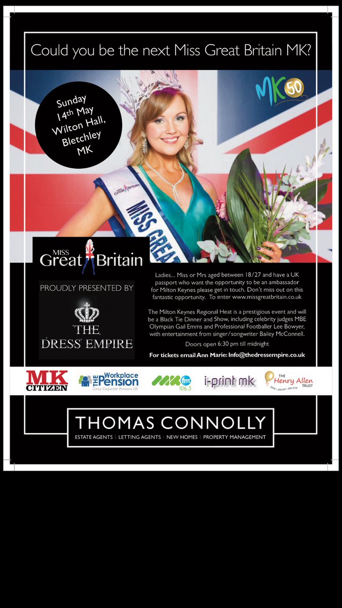 TheDressEmpire's tweet photo. #missgreatbritain mk heat don't miss this #thomasconnollyestateagents our main sponsor  #mkfm #iprint #thehenryallantrust #mk50 https://t.co/YNxCyDrXXC