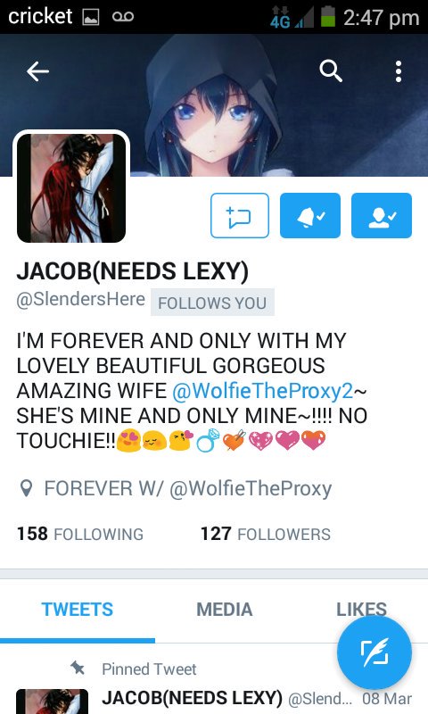WolfieTheProxy2's tweet photo. GUYS PLEASE STOP TRYING TO TAKE ME AWAY FROM MY #HUSBANDIRL: @SlendersHere OR BIG BRO WILL HURT YOU BADLY @Slendy57567976 HERE IS MY PROOF⬠https://t.co/9GHGufdm15