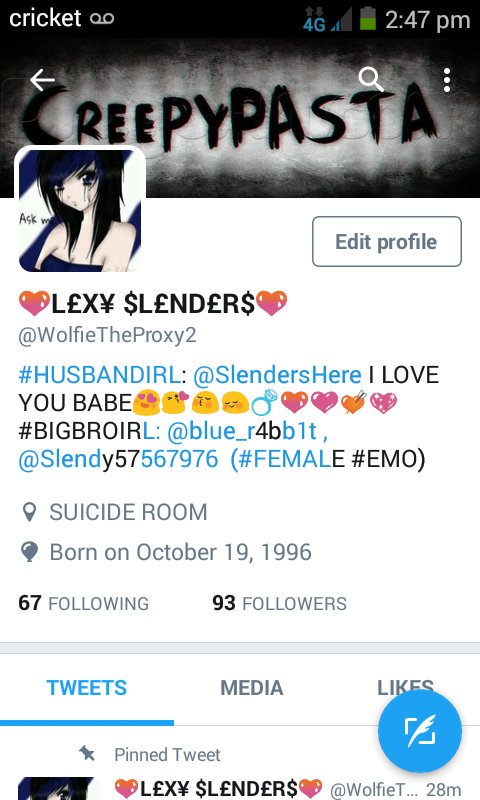 WolfieTheProxy2's tweet photo. GUYS PLEASE STOP TRYING TO TAKE ME AWAY FROM MY #HUSBANDIRL: @SlendersHere OR BIG BRO WILL HURT YOU BADLY @Slendy57567976 HERE IS MY PROOF⬠https://t.co/9GHGufdm15