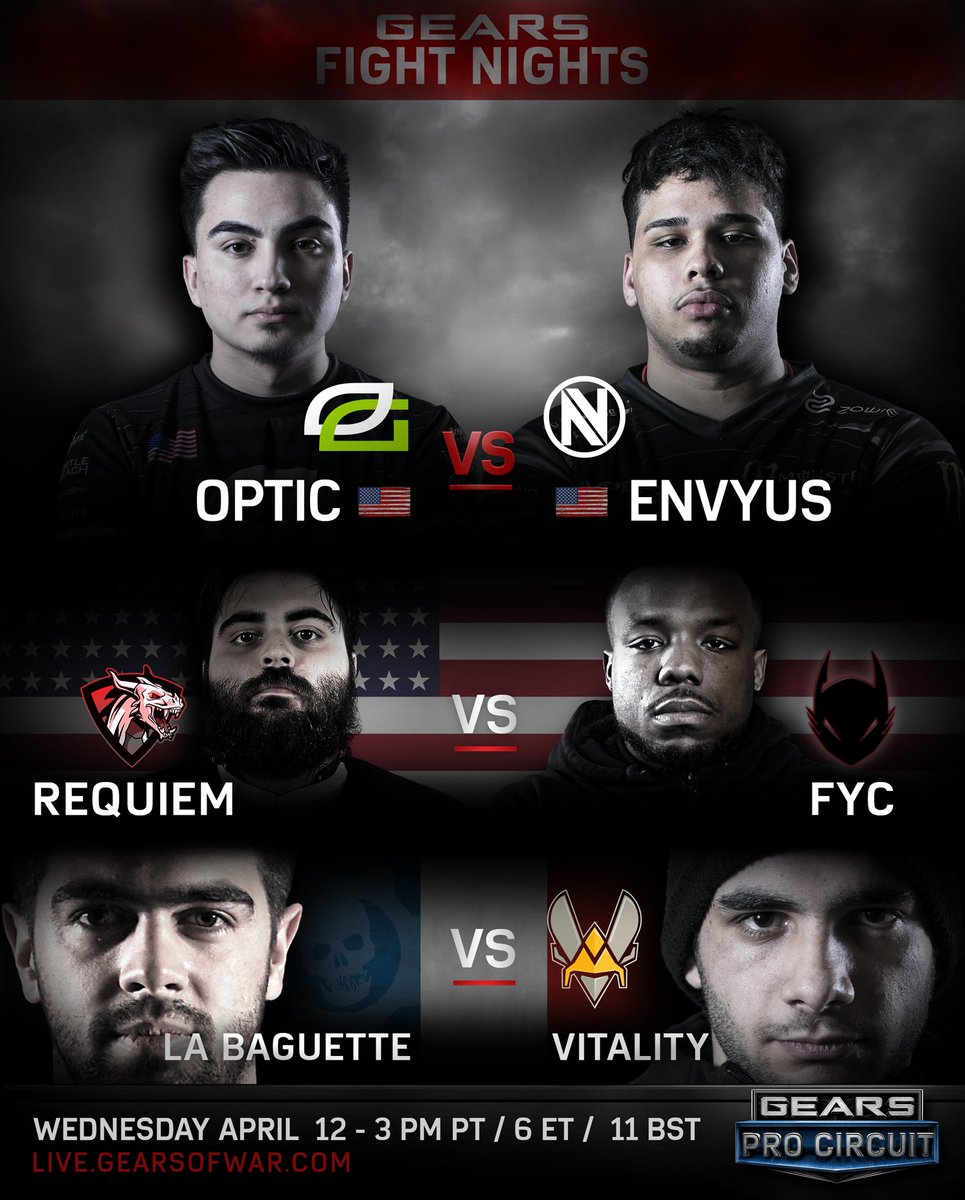 LIVE NOW: Gears Fight Nights is back with @OpTicGaming vs. <a href="/TeamEnVyUs/">Changed to @Envy</a>, @Team_Vitality vs. LB and Requiem vs. FYC on live.gearsofwar.com