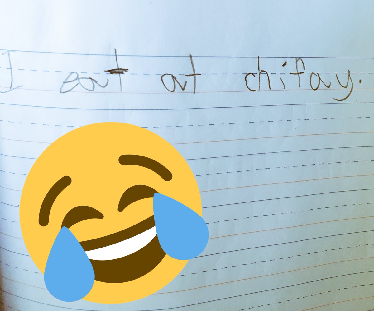 justinSirk's tweet photo. @ChickfilA my son attempts to write a sentence for school. Guess I know where I'm taking him for dinner. "I eat at chick fil a" or chifay https://t.co/weF5pKm3CW