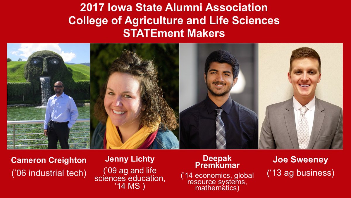 iastate_cals's tweet image. Congrats to #ISUCALS alums named #STATEmentMaker by @isualum: @jlichty30,  Joe Sweeney, Deepak Premkumar &amp;amp; Cameron Creighton #CALSproud