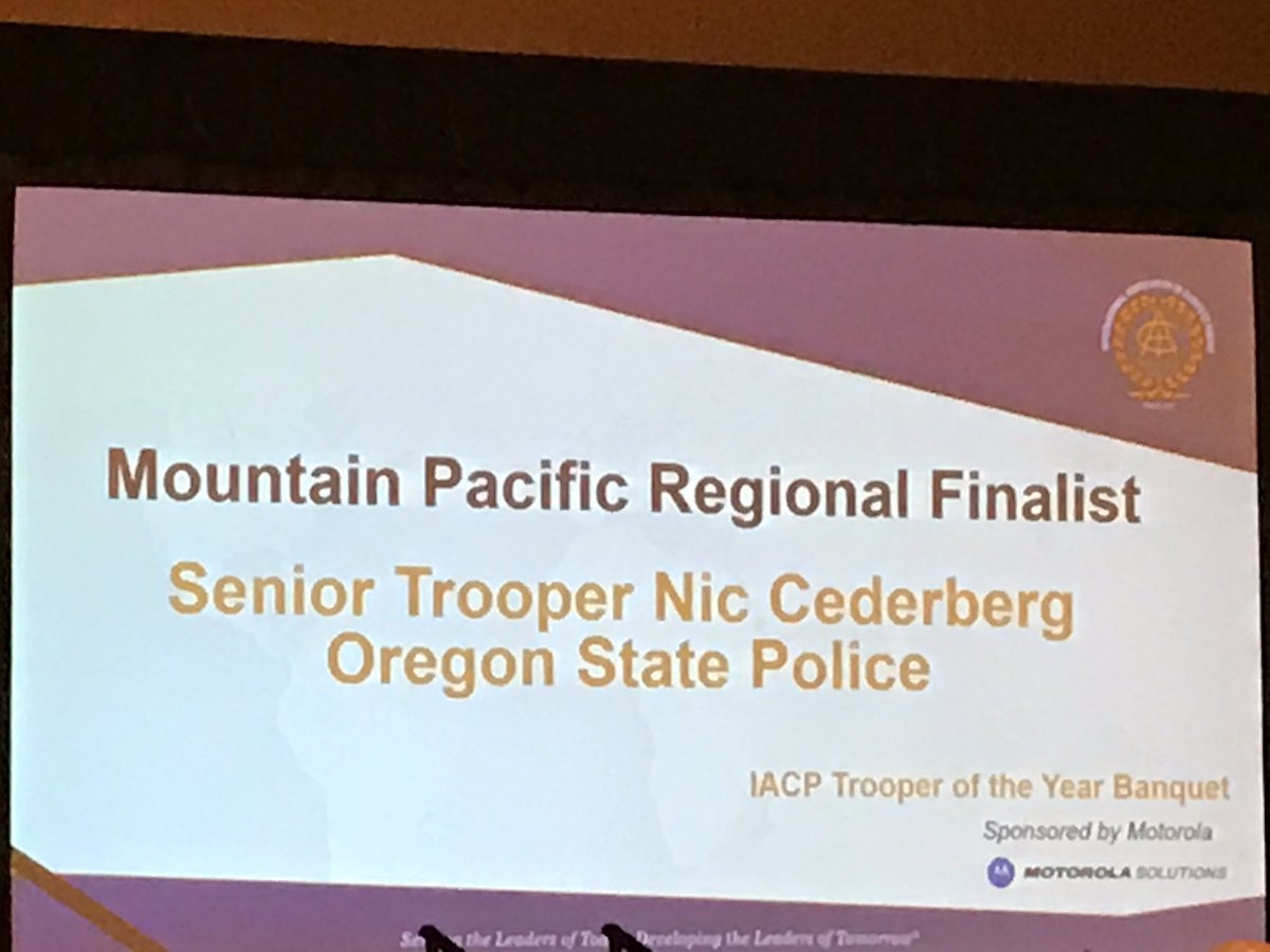 BVZuidema's tweet photo. Congratulations to @ORStatePolice Senior Trooper Nic Cederberg, 2016 @TheIACP Trooper of the Year.  Amazing dedication and service. https://t.co/IZvNLHWIrh