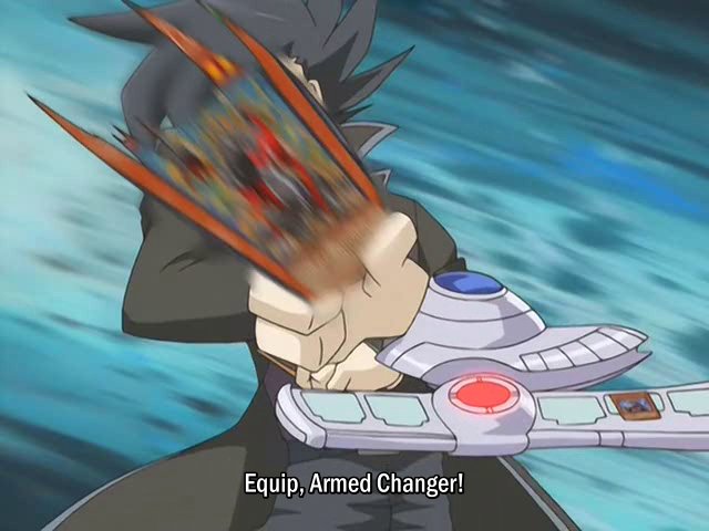 kaiowut99's tweet image. So, like, Manjoume, doesn't Armed Changer make you discard an Equip Magic? What gives? #fakemove [Fun fact: the dub kept this frame as-is]