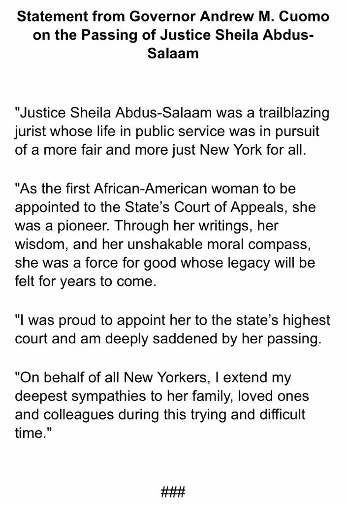JonCampbellNY's tweet image. Cuomo's statement on Abdus-Salaam's death: